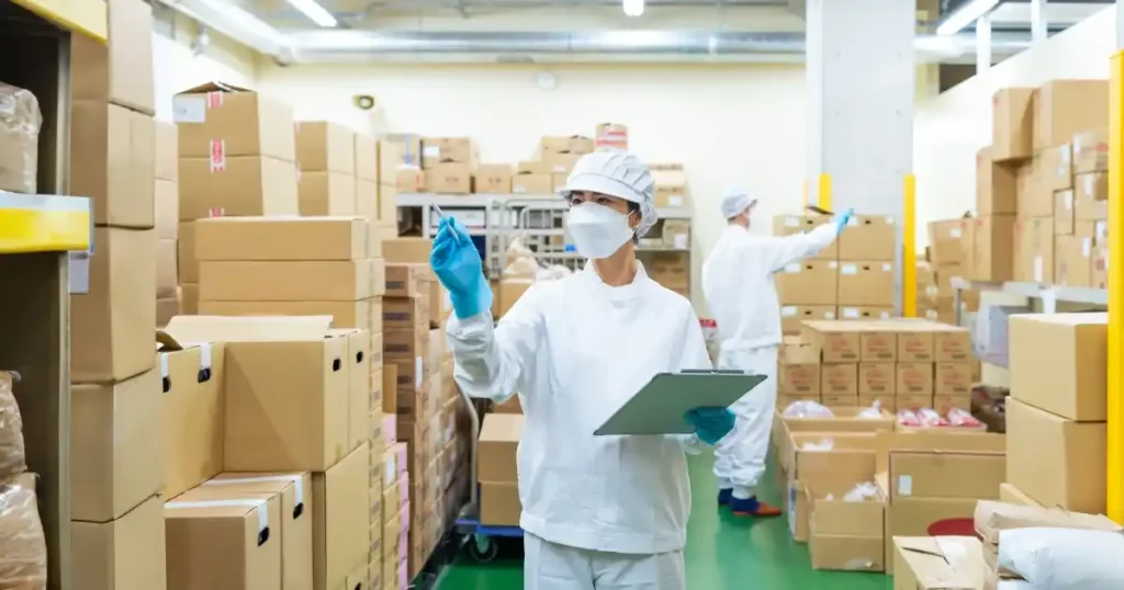 倉庫内でマスクと白衣を着用したスタッフがクリップボードを持ち、商品を確認する様子。食品卸売業者の現場作業と品質管理を象徴。