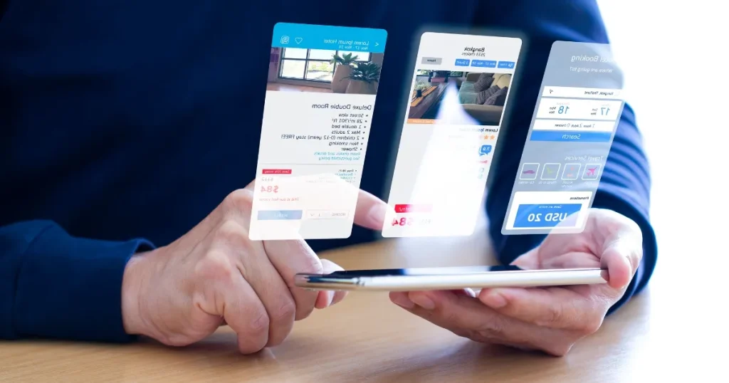 スマートフォンを操作しながら、複数の企業情報がホログラムのように浮かび上がる未来的なイメージ。転職活動における企業選びのポイントを視覚的に表現。