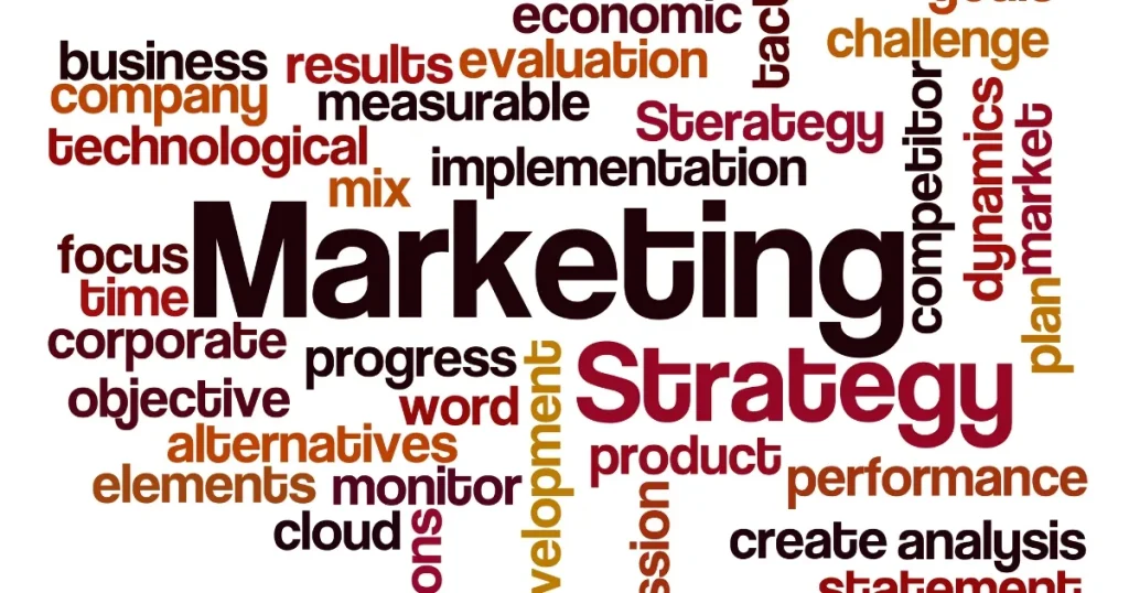 「Marketing」や「Strategy」を中心に、関連する用語が散りばめられたワードクラウド。マーケティング職の多様な業務や役割をイメージさせるデザイン。