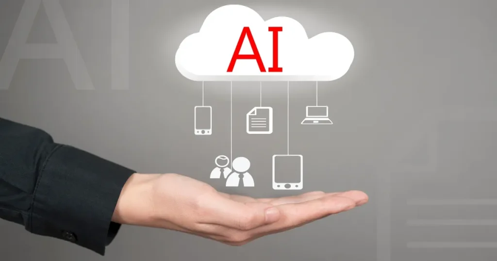 雲に「AI」の文字が描かれ、その下にアイコンが吊り下がっている図。手のひらでAI技術が支えられている様子が描かれ、ChatGPTを活用した自己分析のコツを象徴的に表現。