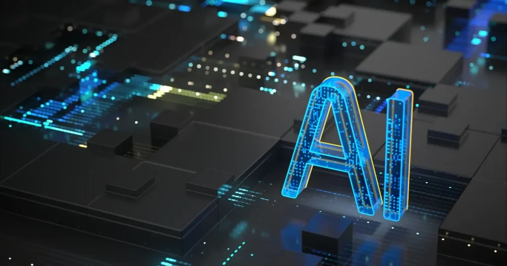 デジタル空間に浮かぶ「AI」の文字。ChatGPTを活用した自己分析プロセスを象徴的に表現したビジュアル。