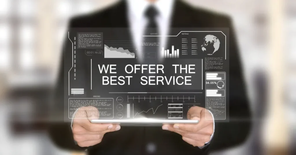 スーツを着た人物が透明なディスプレイを持ち、「WE OFFER THE BEST SERVICE」と表示されている未来的なデザイン。背景にはビジネスデータやグラフが重なり、オファー型採用の先進性を象徴。