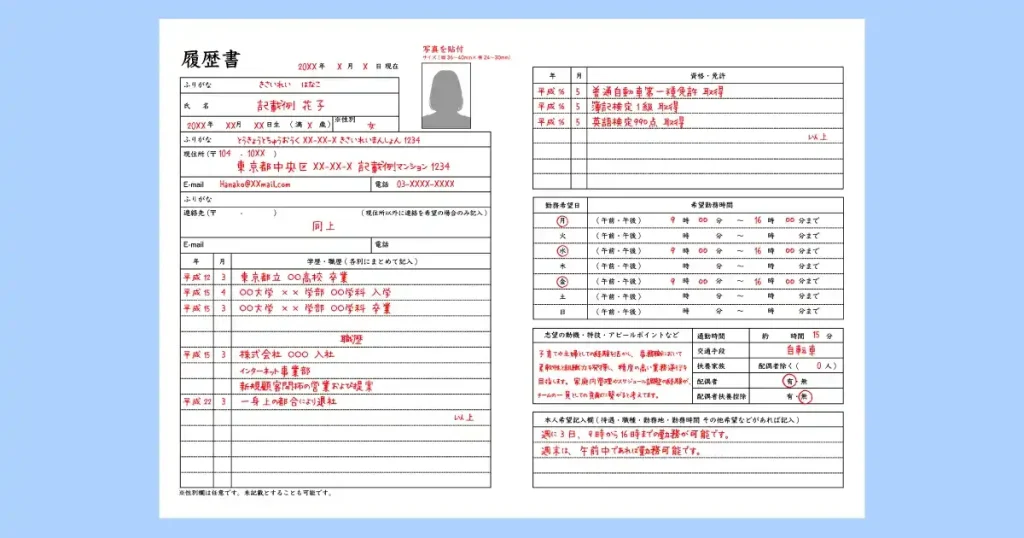 履歴書テンプレートの見本が青い背景の上に配置されている。氏名、住所、職歴、学歴、志望動機などが記入済みのサンプル形式。