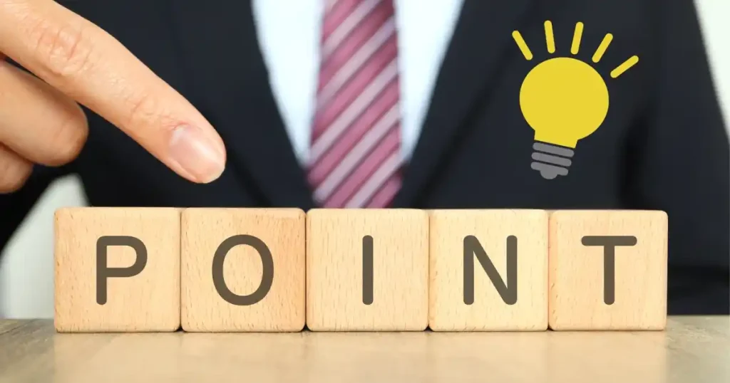 「POINT」と書かれた木製ブロックを指差すスーツ姿の人物。右上には電球のアイコンが描かれ、履歴書テンプレート選びの重要なポイントを示唆している。