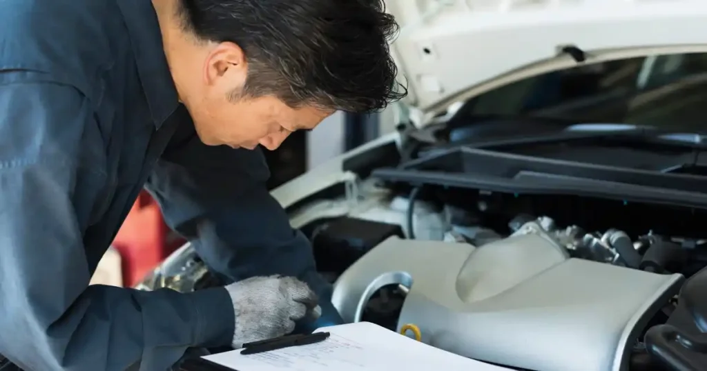 自動車整備士がエンジンルーム内を集中して点検している様子。手前には整備記録の書類が置かれている。