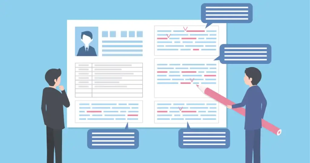 青い背景に履歴書のイラストが描かれ、複数の人物がレイアウトや内容を確認している様子。吹き出し内にはコメントが表示され、見やすい履歴書作成のポイントを議論している場面を表現。