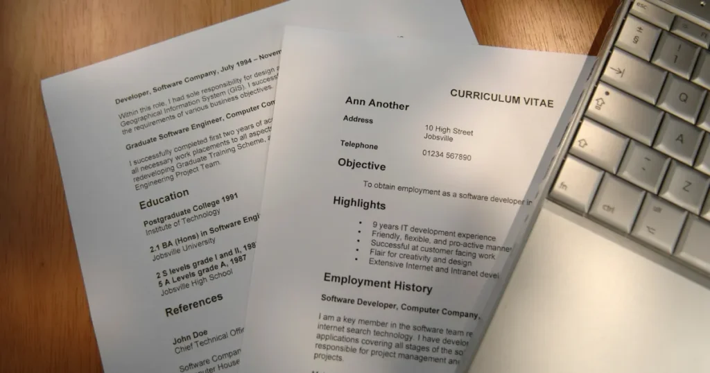 机の上に置かれた履歴書とキーボード。履歴書には個人情報や職務経歴が記載されており、プロフェッショナルな印象を与えるデザイン。