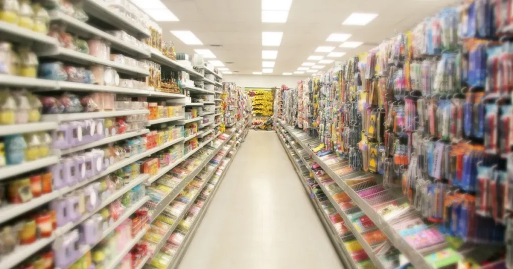 スーパーマーケットの広々とした通路に並ぶ商品棚の様子。奥には青果売り場が見え、店舗全体の運営や開発の可能性を象徴している。