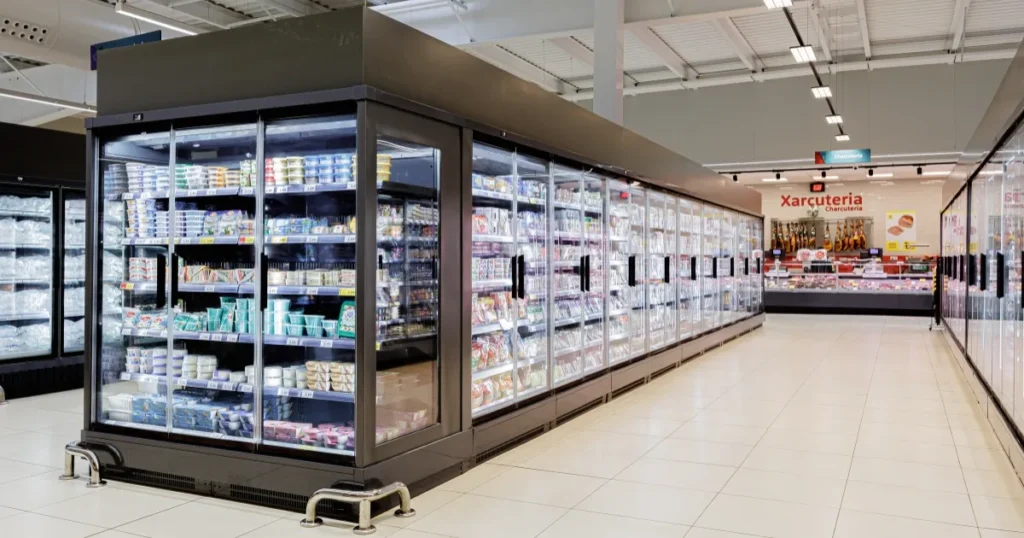 スーパーマーケット内の冷蔵ショーケースに並ぶ商品が整然と陳列されている。奥には精肉やデリカテッセンのカウンターが見える。