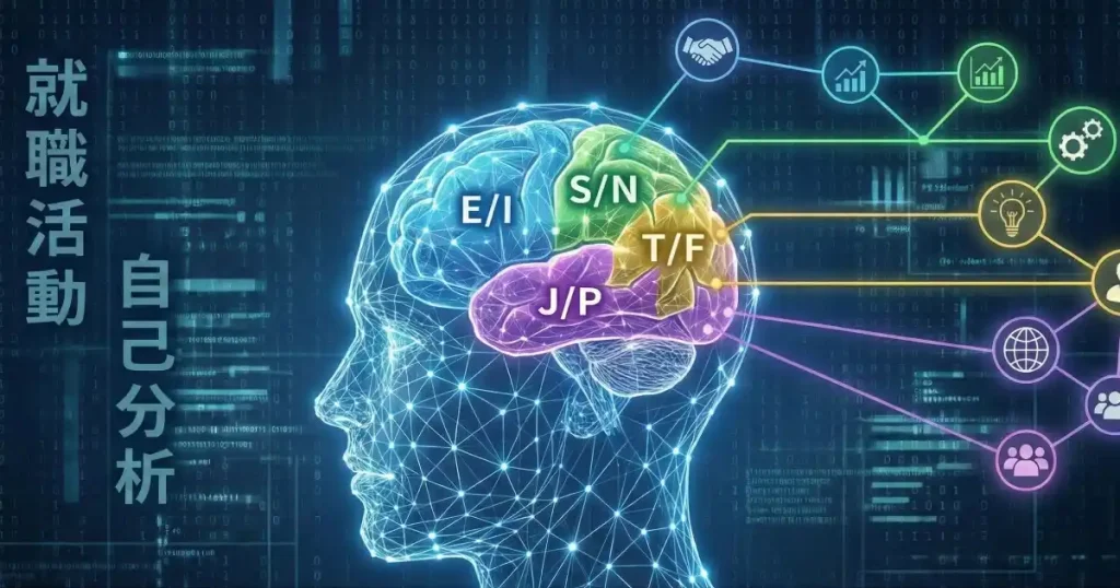 MBTIの性格診断モデルを表す脳と指標のイメージ|外向性や直観、思考型などの要素を使った自己分析が就職活動で役立つことを示す図解