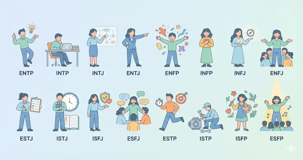 MBTIの16タイプを示すイラスト|各性格タイプ(ENTP、INFJ、ISTPなど)の強みや適職を解説する図解