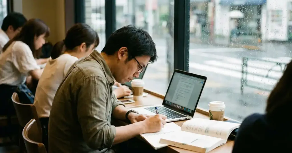 カフェで独学に励む男性｜自動車整備士資格を取得するためのメリットと効率的な学習方法を解説