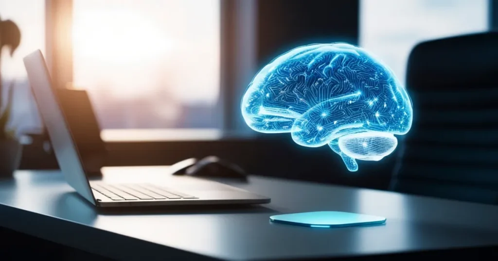 デスク上のノートパソコンと浮かび上がるデジタル脳のホログラム AI面接対策としてやるべきことを解説するセクションのイメージ画像