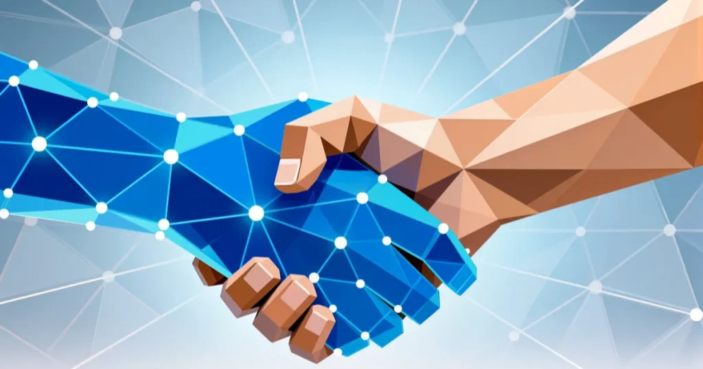 人間の手とデジタル技術を象徴する人工的な手が握手を交わすイメージ AI面接の種類を解説するセクションを象徴する画像