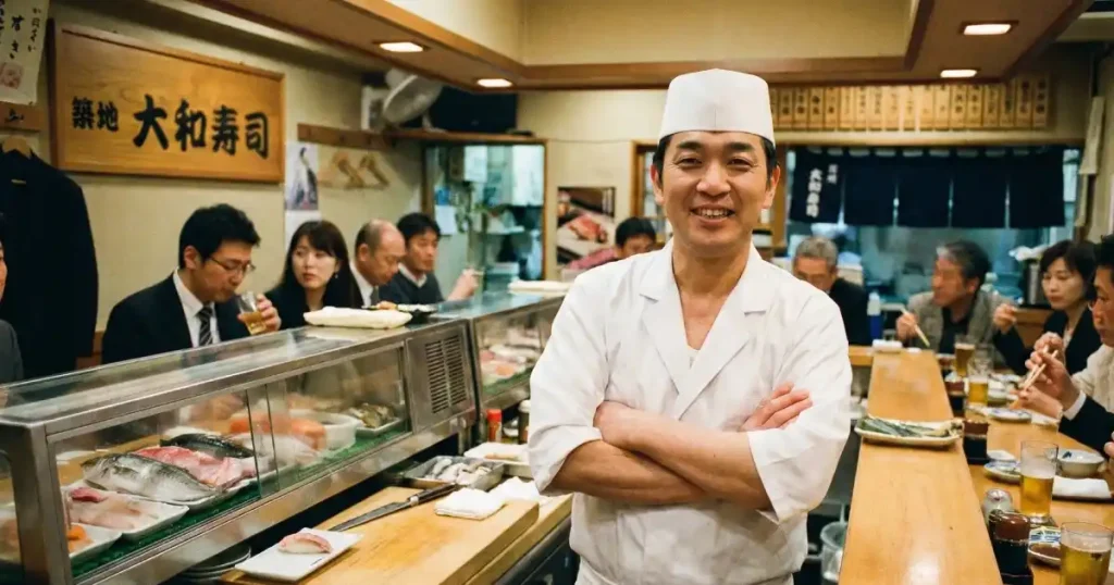 寿司店のカウンター内で腕を組み、笑顔を見せる寿司職人。店内にはお客様が楽しそうに食事をしている様子が広がる。