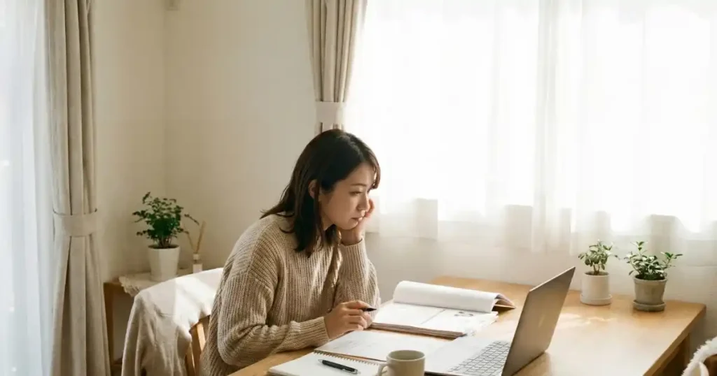 転職活動に悩む女性が自宅でパソコンと向き合い、資料を確認している様子|転職者が抱える悩みランキング【TOP10】の説明に関連