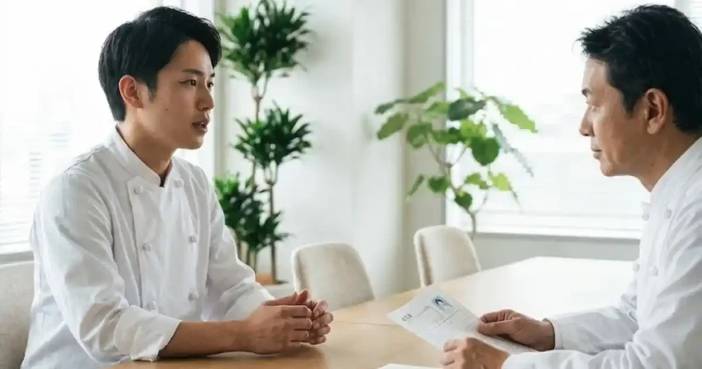 調理師志望者が採用担当者と面接で志望動機を説明しているシーン。採用担当者が評価する5つのポイント（志望理由の明確さや熱意など）を解説するセクション用の画像。