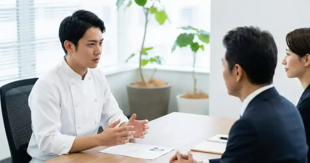 コックコートを着た男性が面接官に志望動機を説明しているシーン。調理師向け志望動機の例文を紹介するセクションに関連したイメージ。