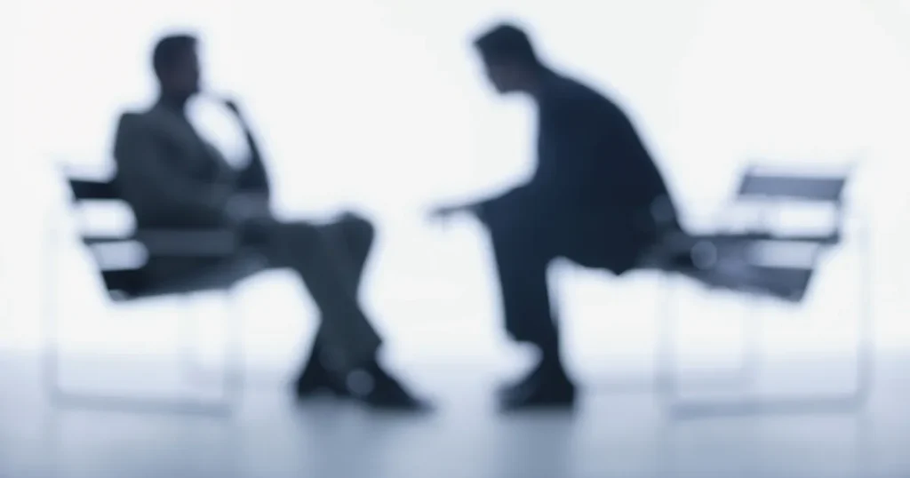 土日面接に対応する企業の特徴を説明するセクションに使用される画像。面接中の2人のシルエットが描かれ、転職活動における土日面接のイメージを表現。