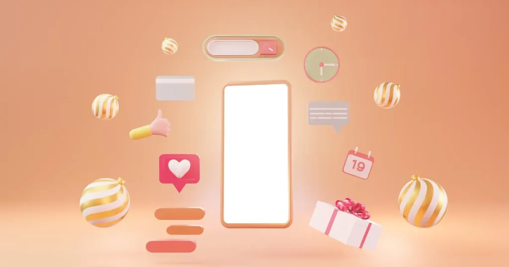 スマートフォンを中心に、いいねマークやカレンダー、メッセージアイコンが浮かぶデザイン。インスタグラムの機能や活用法について説明するセクションに関連。