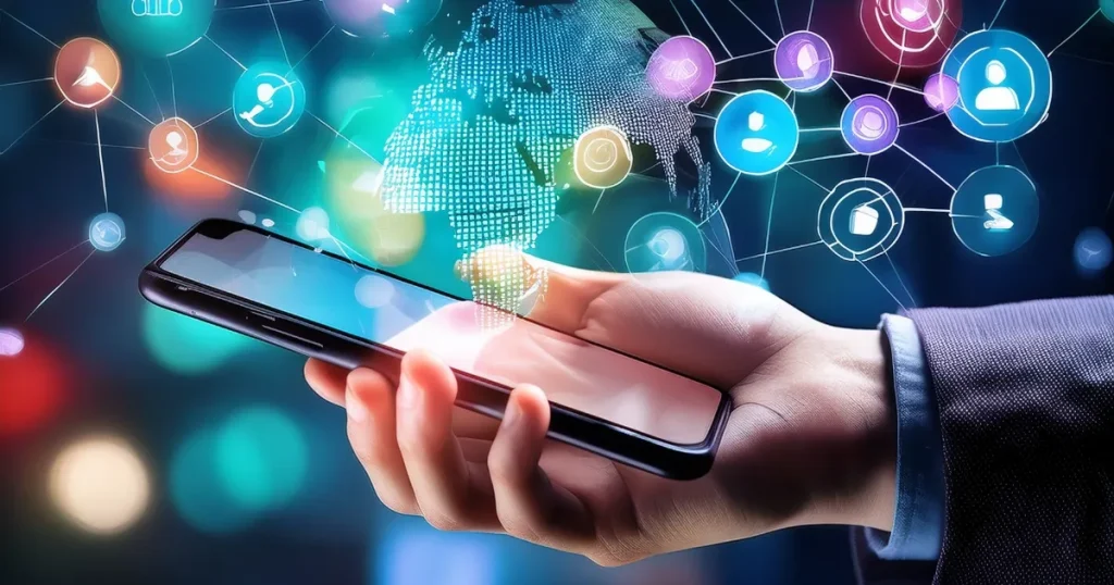 スマートフォンを持つ手と、周囲に広がるSNSネットワークのアイコン。インスタを活用して就活を成功させる具体的なポイントを解説するセクションに関連。