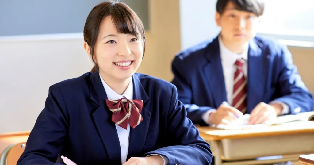 制服を着た女子高校生が笑顔で就職活動の準備に取り組む様子。高卒就活を成功させる5つのポイントを解説するセクションに関連するイメージ。