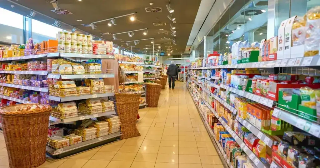 スーパーマーケットの広々とした売場。グロサリー部門の作業環境を象徴し、ストレス対処法や改善のヒントを連想させるイメージ。