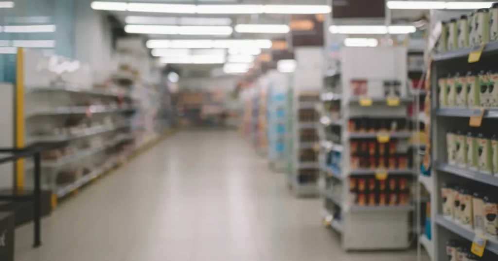 スーパーマーケット内の棚や陳列されている商品の様子。グロサリー部門の職場環境を連想させるイメージ。