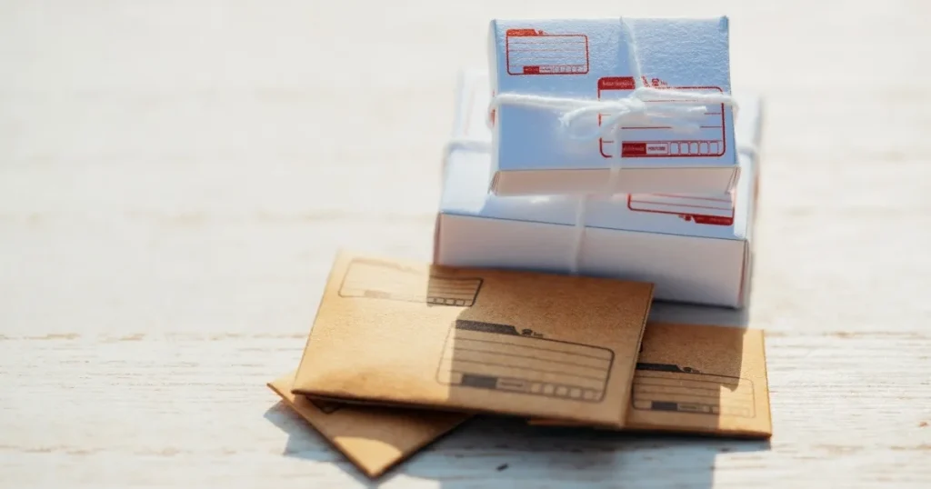 宛名ラベルが貼られた封筒と梱包された郵便物の束。特定記録郵便を使った履歴書送付の具体的な手順を象徴するイメージ。