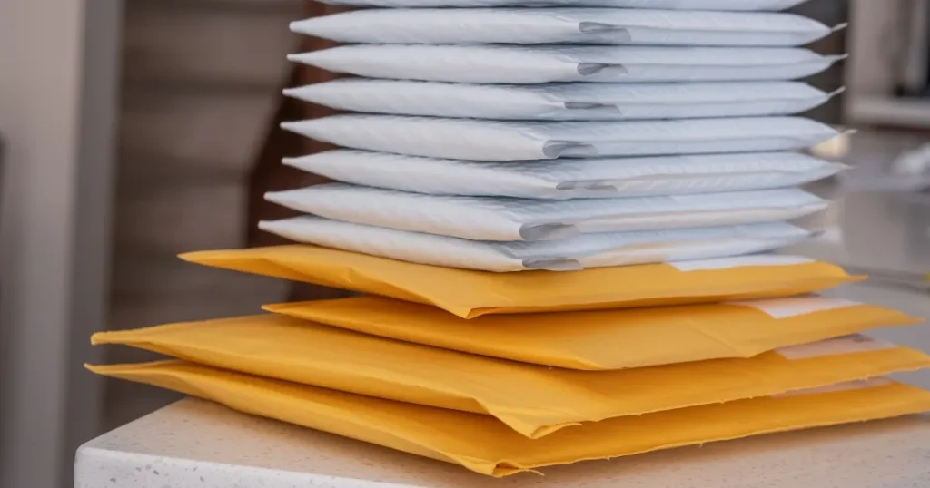 厚みのある封筒が複数積み重なった様子。特定記録郵便による配送や履歴書の送付方法を象徴するイメージ。