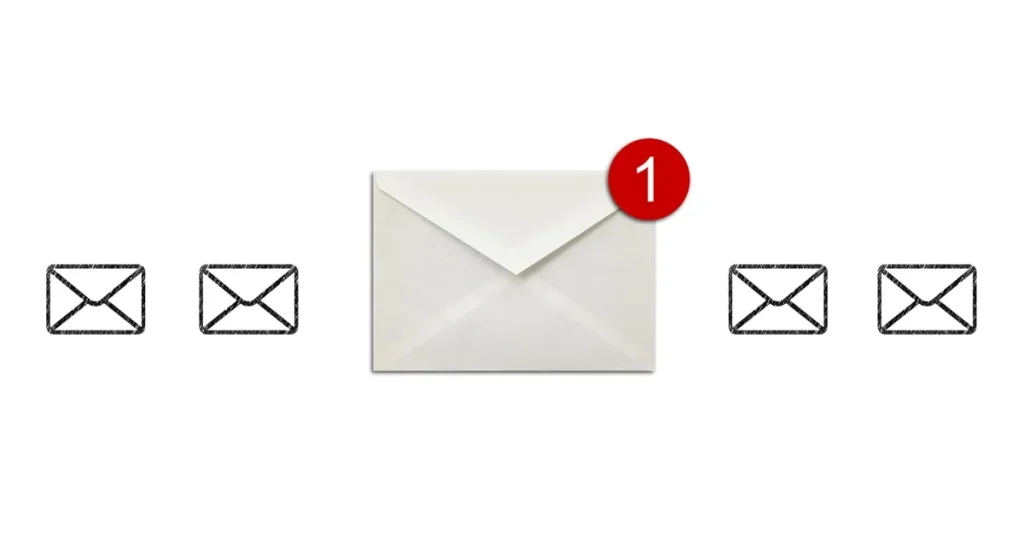 中央に通知バッジ付きの封筒アイコンと、左右に描かれたメールアイコン。面接日程変更の理由を伝える際のポイントについて解説するセクションに関連したイメージ。