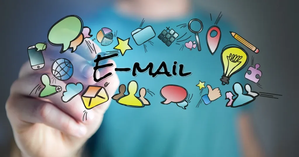 『E-mail』の文字と、吹き出しやアプリ、連絡手段を表すカラフルなアイコンが描かれたイメージ。面接の日程変更が必要になる6つの要因について説明するセクションに関連したビジュアル。