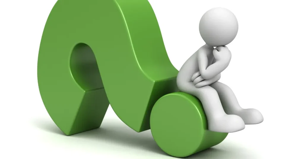 緑色の大きなクエスチョンマークに座り、考え込む人型キャラクター。面接での逆質問のNG例と注意点を象徴するデザイン。