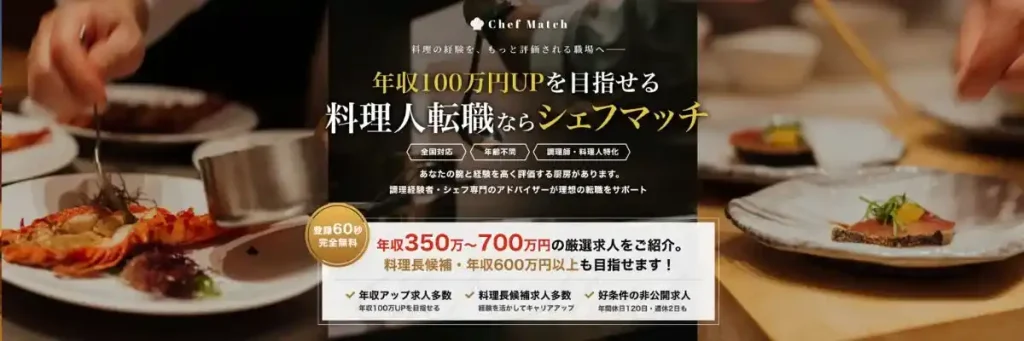 年収100万円UPを目指せる料理人転職ならシェフマッチ|登録60秒・完全無料で年収350万〜700万円の厳選求人を紹介