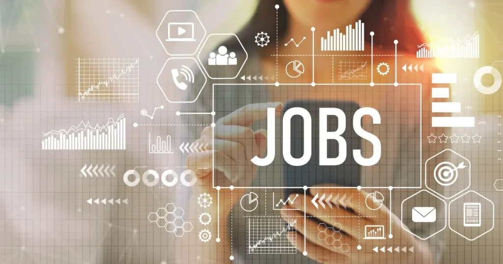 JOBSの文字とビジネスアイコンが表示された画面で、宅建資格を活かせる仕事や不動産業界の職種を表すイメージ