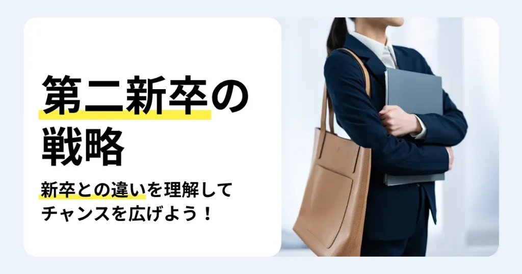 書類を抱え、バッグを肩に掛けたスーツ姿の女性と「第二新卒の戦略」の文字。新卒との違いを踏まえた転職活動のポイントを紹介するサムネイル。
